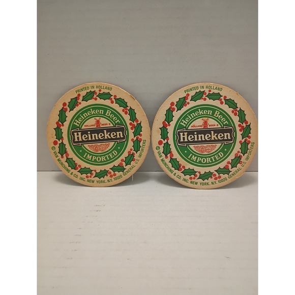 Vintage Heineken Beer Coasters Set of 2 Holiday Holly Wreath Printed in Holland